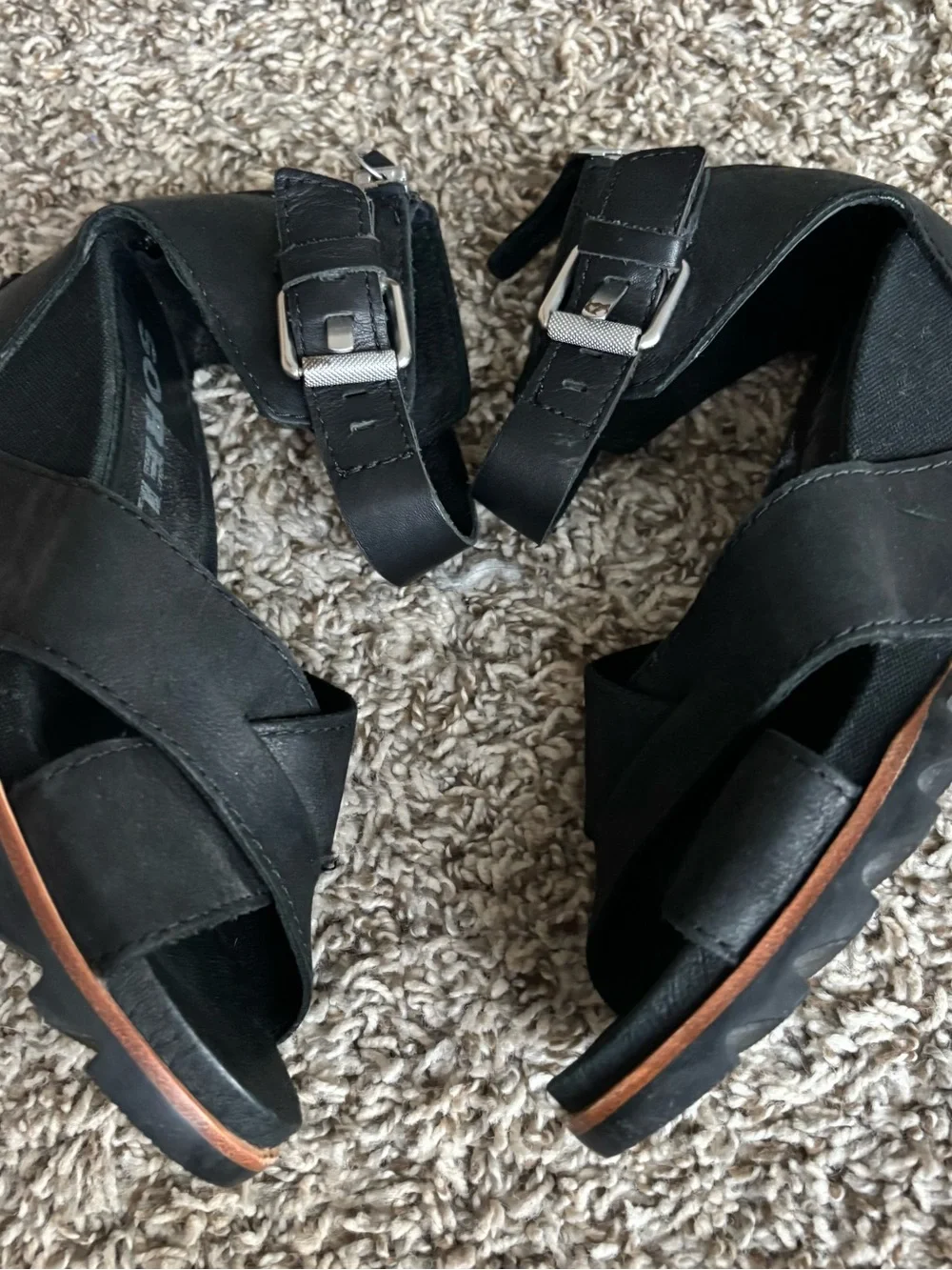 Sorel Black Crisscross Ankle Strap Wedge Sandals Joanne ll